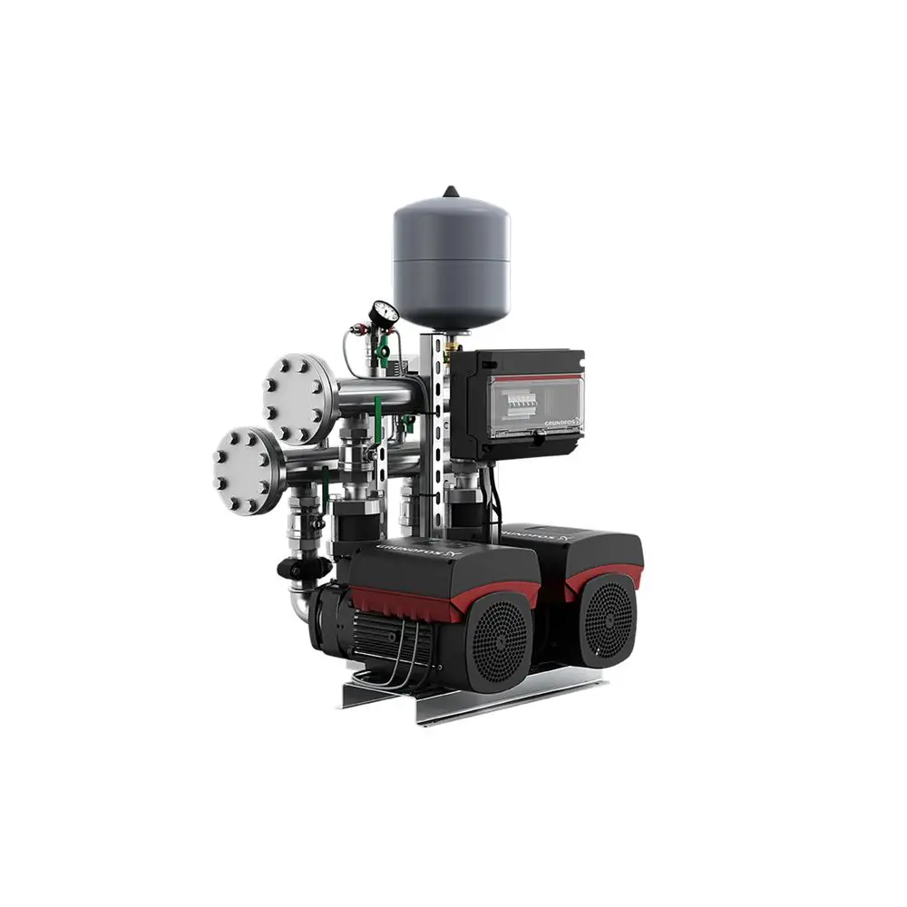 Druckerhöhungsanlage von Grundfos mit mehreren Pumpen und einem Steuergerät. Ausgestattet mit einem Druckbehälter und verschiedenen Rohrleitungen für Wasseranwendungen.
